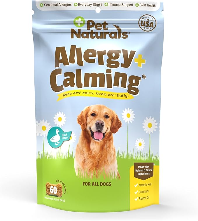 Pet Naturals Allergy Plus Calming for Dogs – 60 Ct Soft Chews, Seasonal Allergy & Stress Support with Quercetin, Salmon Oil, Probiotics & L-Theanine, Duck Flavor Supplement