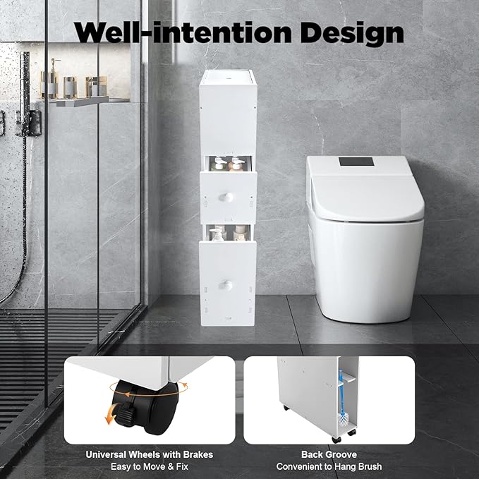 Slim Bathroom Floor Cabinet, Narrow Bathroom Storage Cabinet Plastic Storage Drawers Free Standing Cabinet Rolling Toilet Paper Holder with Slide Out Drawers Thin Toilet Cabinet w/Wheel