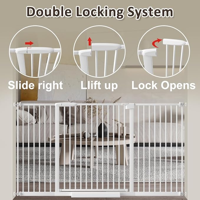 WAOWAO 1.37" Ultra Narrow Spacing Extra Wide Baby Gate 57.67-61.61" Pressure Mounted Walk Through Double Lock Swing Auto Close Safety White Metal Toddler Child Dog Pet for Indoor,Doorway,Kitchen