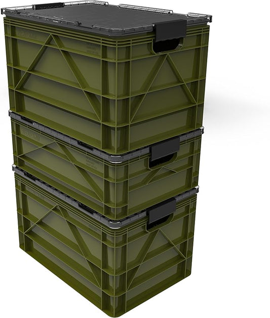 SIDIO Crate Pro Pack - 2 Full-Size & 1 Half-Size Heavy Duty Stackable Storage Bins, Totes and Containers with Lids and Dividers - Durable Plastic Organizer for Home, Office, Garage, and Outdoor Use