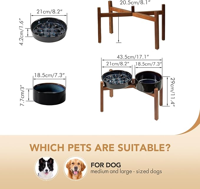 Ceramic 1.6 Cup Raised Slow Feeder Dog Bowl Set, Elevated 7.3inch Bowl and 8.2inch Slow Feeder Dish with Acacia Wood Stand for Medium and Large Dogs (2 x Starry Sky+ Stand)