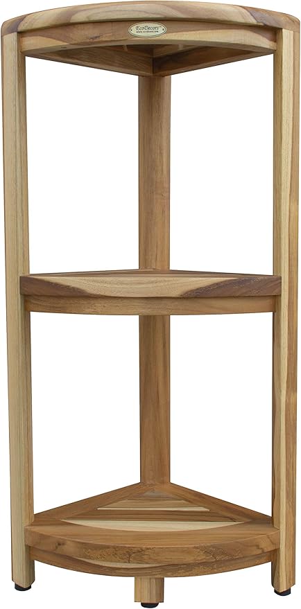 EcoDecors SnazzyCorner Natural Teak Corner Shower 3 Tier Shelf – Bathroom Organizer | Natural Wood Colors | Waterproof Teak Shower Caddy | Bathroom Storage & Organization | 33 Inches Tall