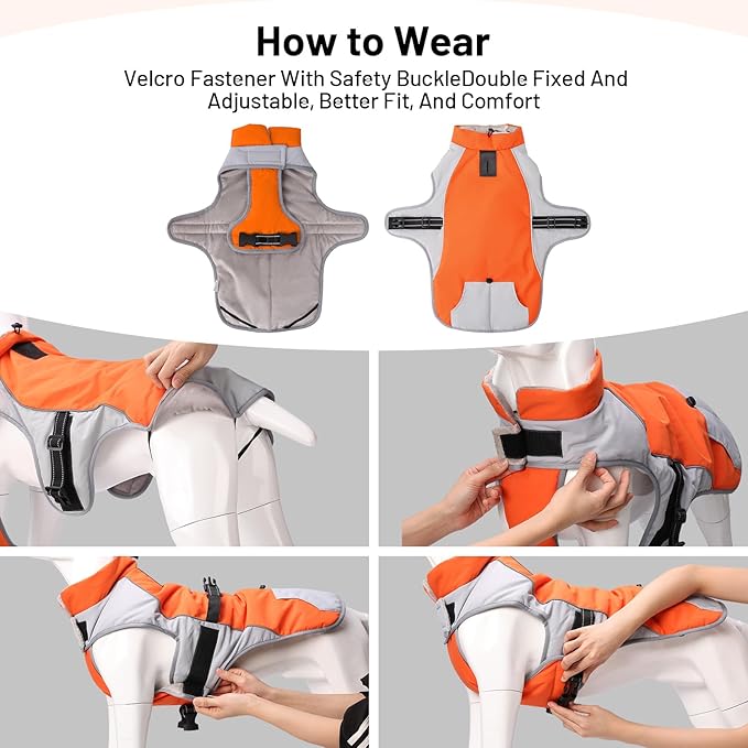Warm Dog Cold Weather Coats - Waterproof Dog Winter Clothes with Reflective Straps, Adjustable Buckle & Leash Hole for Poodle, Dachshund,Border Terrier, Yorkshire Terrier，Orange & Gray S