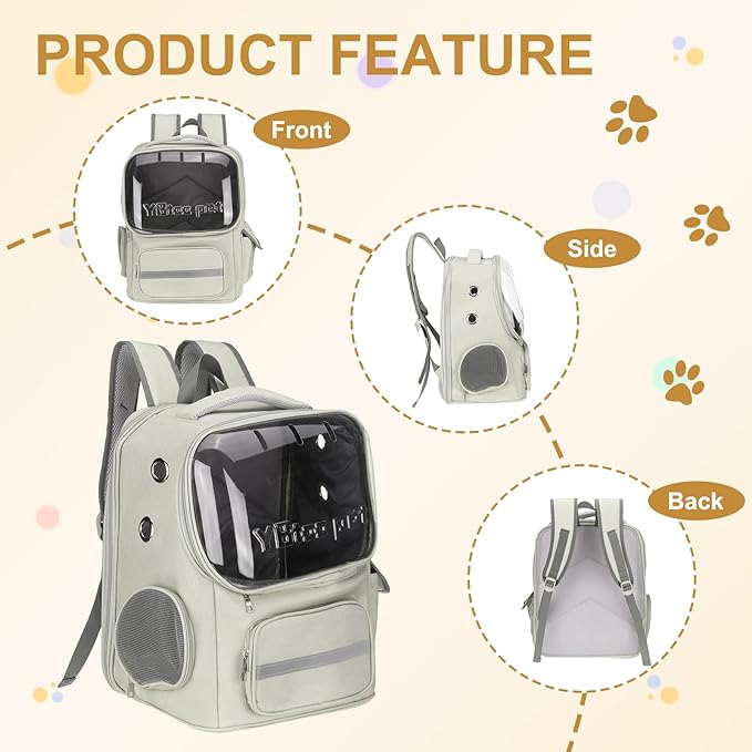 Pet Backpack Carrier, Portable and Ventilated, Oxford Cloth, Dog Cat Travel Bag with Transparent Cover 14.17", (Gray, 1 Pcs), Intended for Hiking/Camping/Traveling