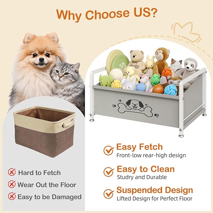 Dog Toy Box for Storage, Metal Frame Oxford Fabric Pet Toy Organizer with Raised Legs, Large Capacity Dog Toy Basket with Front Low Opening, Washable and Durable Design