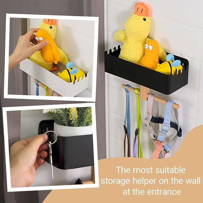 Dog Leash Holder for Wall, Dogs Leash Hooks, Dogs Leashes Shelf Organizer, Pet Stuff Organizer with Shelf Storage, Hooks for Entrance Living Room Kitchen-Gifts for Dog Lovers (Black)
