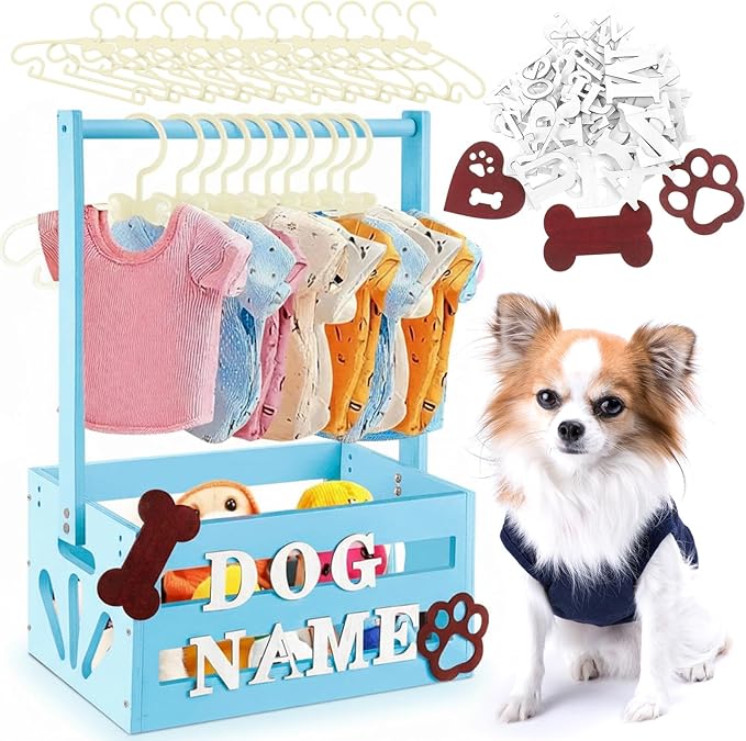 20" x 13" x 9" Wooden Dog Closet Pet Wardrobe Crate Box with Hanging Rods and Personalized Alphabet Letters Easy Assembly Baskets for Dog Cat Toys Clothes Accessories (Blue)