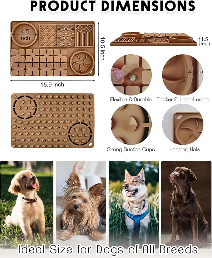 4-in-1 Silicone Snuffle Mat for Dogs, Dog Slow Feeder Bowl & Lick Mat with Suction Cups, Dog Puzzle Feeder Toy Sniff Mat for Smell Training Slow Eating Keeping Busy, Brown
