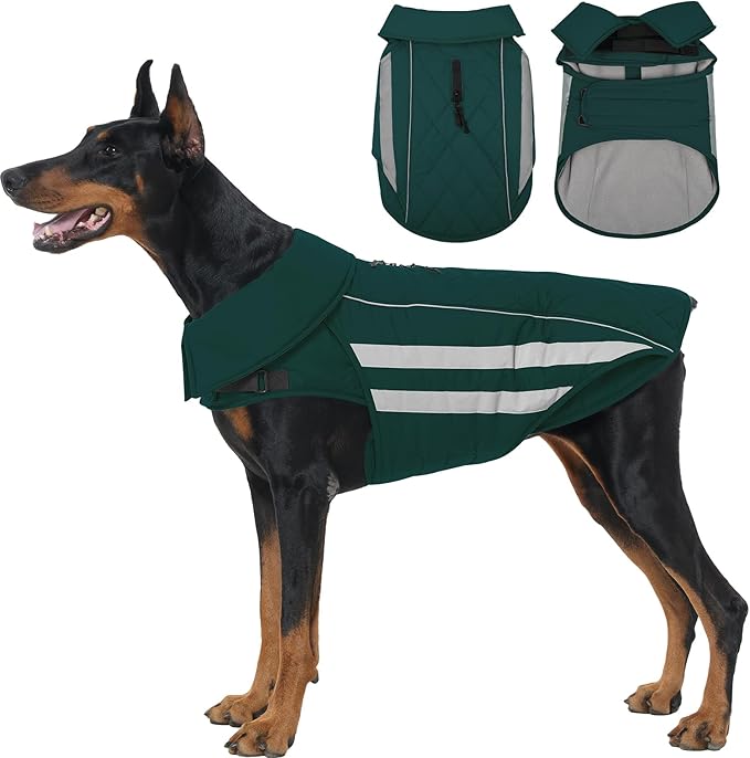 IECOii Dog Winter Jacket - Reflective Cold Weather Coats Waterproof & Windproof Coat for Large Dogs with Warm Fleece Lining, Adjustable Vest Jackets for Running, Camping, Green, Sizes XXXL
