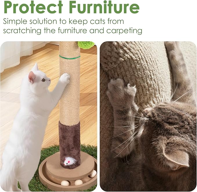 Cat Scratching Post, 35 Inch Tall Cat Scratcher Cat Tree Tower with Hanging Ball for Indoor Cats Adults,Sisal Rope Kitten Scratch with Interactive Mouse Cat Toy (41in, Areca Palm)