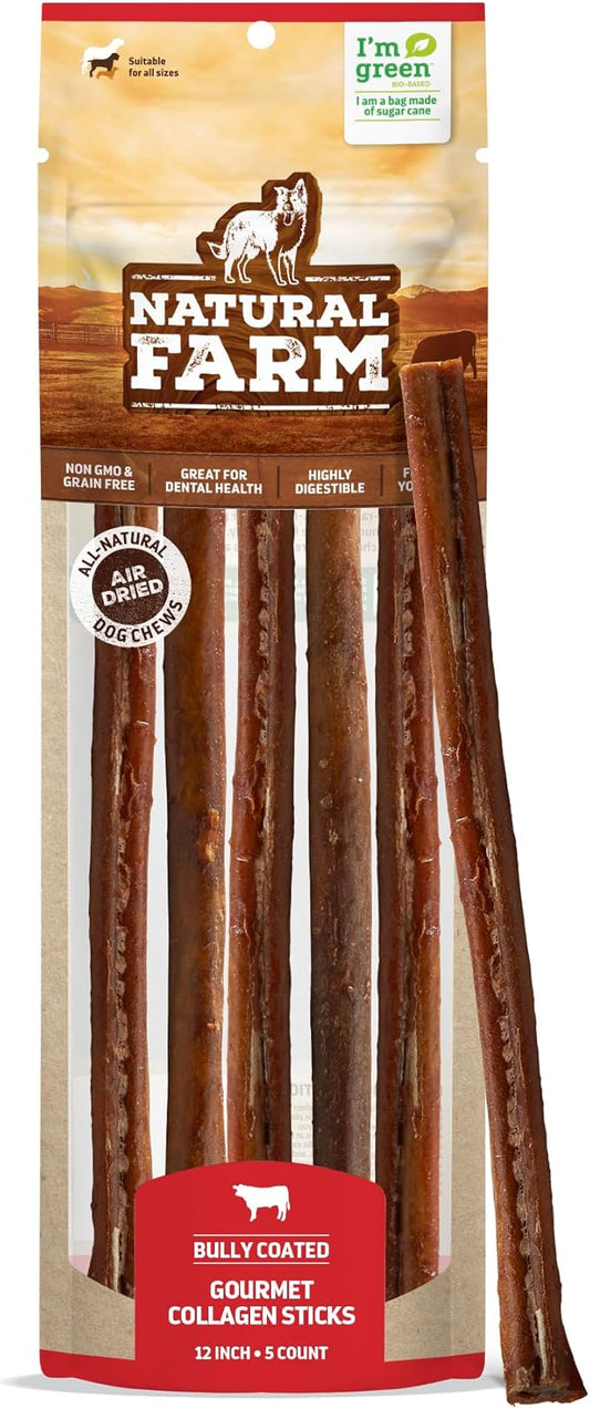 Natural Farm Bully Coated Gourmet Collagen Sticks (12 Inch, 5 Pack), Real Bully Beef Coated, 95% Natural Collagen, Supports Healthy Joints, Skin & Coat - Best for Small & Medium Dogs