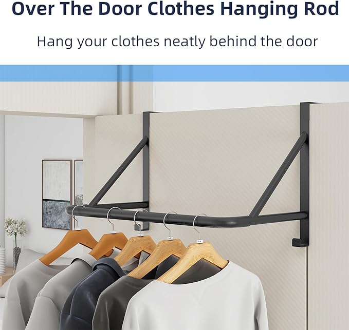 Over The Door Clothes Hanger Rod, Metal Over The Door Hanger for Coat, Clothes Drying Rack for Door for Laundry, Bedroom, Washroom, Fits Door Up to 1.97", Black