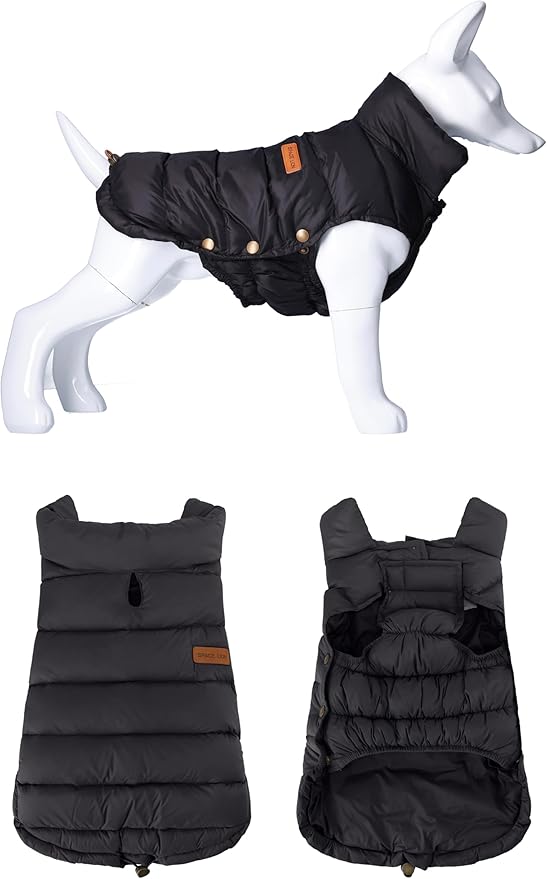 SPACE LION Dog Puffer Jacket, Down Winter Coat, Durable Outdoor Coat for Cold and Windy Conditions, Lightweight & Adjustable Fit Coats for Large Dogs,(Black, Size24/2XL)