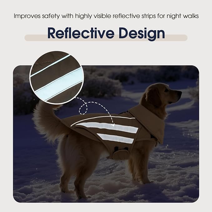 IECOii 5XL Warm Dog Jacket - Waterproof Great Dane Coats Windproof Outdoor Hunting Vests Reflective & Adjustable Cozy Jacket Vest with Fleece Lined for Giant Pets, Khaki, Sizes XXXXXL