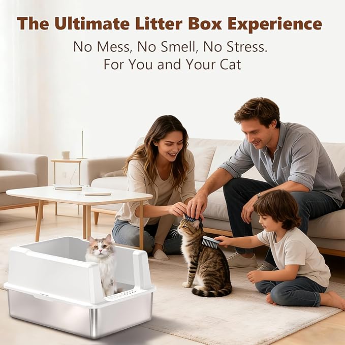 Large Litter Box for Multiple Cats, 28" L x 20" W Over Sized with High Sided Metal Litter Box Stop Scatter, Non-Stick Stainless Steel Litter Pan Easy to Clean, Anti-Leak Design, Odor-Resistant