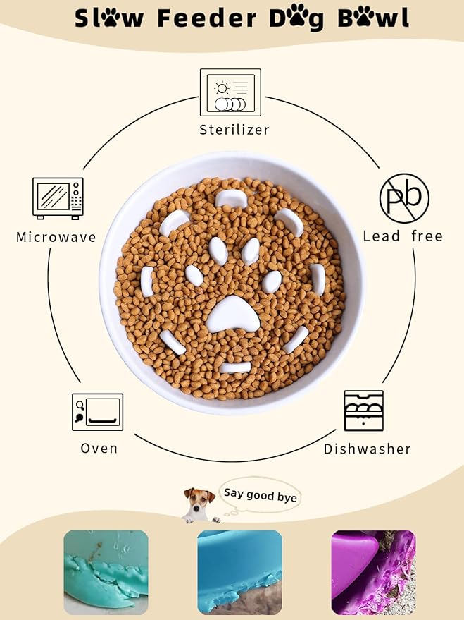Dog Slow Feeder Bowl, Round Ceramic Pet Food Bowl for Medium Breed, Fun Raised Dog Bowls to Slow Down Eating (White, M-1.3 Cups+Stand)