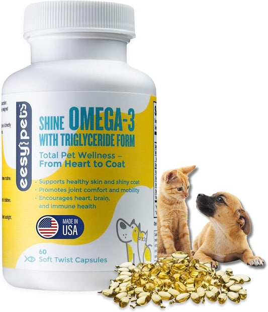 Shine Omega-3 Fish Oil for Dogs & Cats, Human Grade EPA & DHA in Triglyceride (TG) Form, Supports Skin & Shiny Coat, Joint Comfort, Heart, Brain & Immune Health, 60 Twist Capsules, USA Made