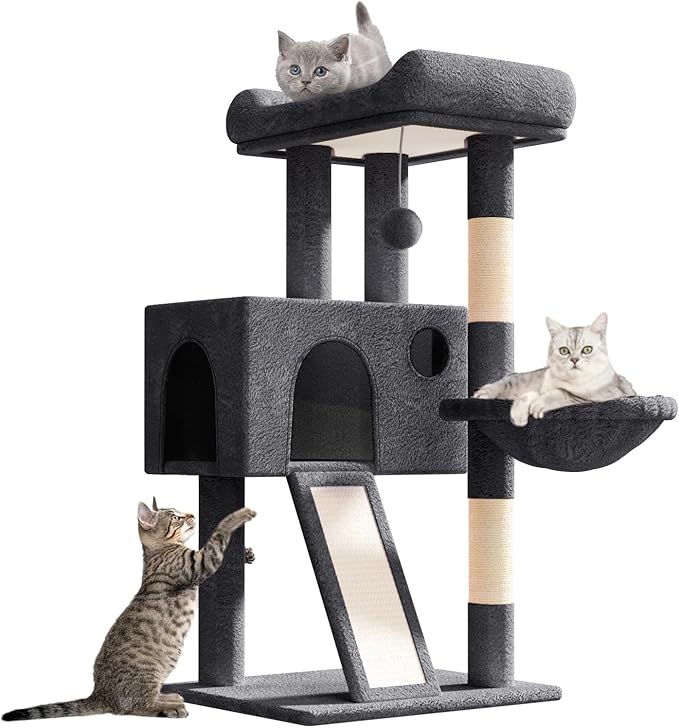 Athena Collection Small Cat Tree, Modern 36 Inch Cute Cat Tree Tower with Scratching Post Condo Hammock Activity Platform and Playing Ball for Indoor, Dark Grey