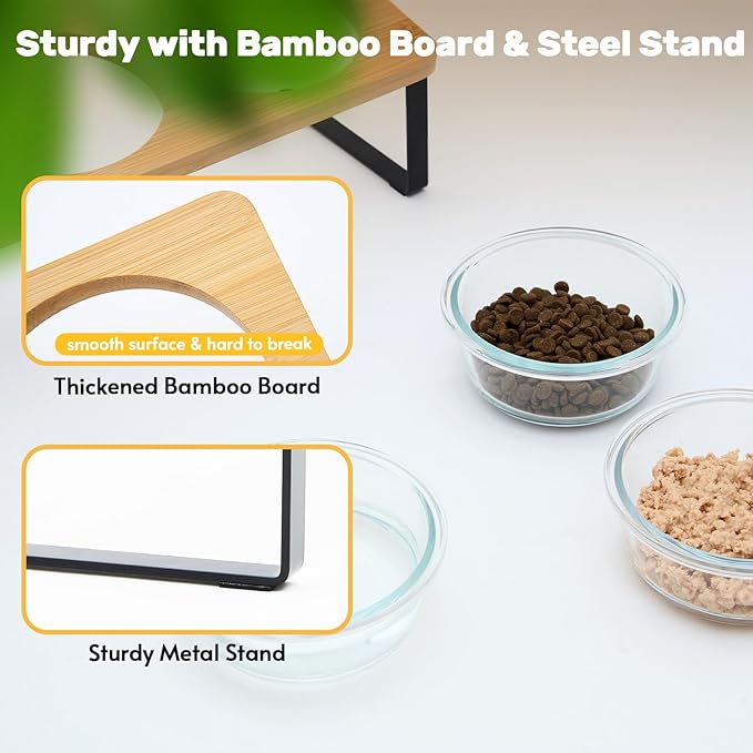 Elevated Cat Bowls, 15° Tilted Cat Food Bowl, Includes 3 Glass Bowls, Bamboo Board, and Metal Stand for Cats and Puppies