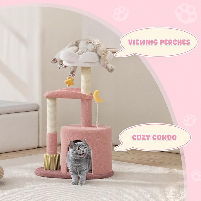 Magshion 33" Flower Cat Tree for Indoor Cats, Compact Cat Tower with Condo, Scratching Posts, Flower Perch & Dangling Toys for Kittens & Small Cats, Cute Cat Furniture Stand, Pink