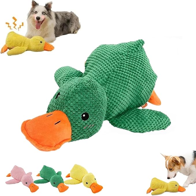 2025 Cute Yellow Calming Duck Dog Toy, Quack-Quack Duck Dog Toy, Cute Yellow Stuffed Calming Duck Dog Toys with Soft Squeaker, Interactive Dog Toys for Aggressive Chewers (Green)