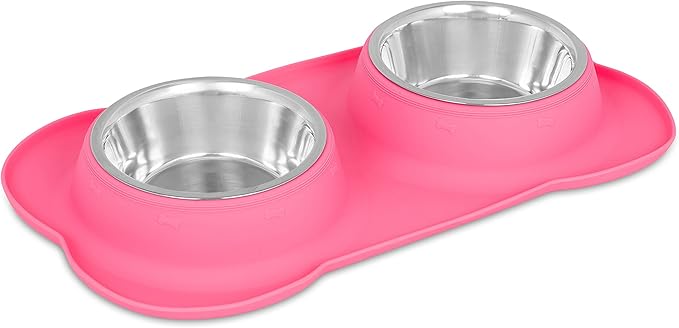 Internet's Best Bone Dog Bowl Set | Double Stainless Steel Pet Food Large Water Bowls | No Spill Silicone Stand | Large Medium Breeds | Pink
