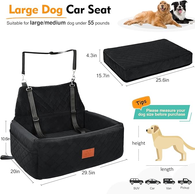 Dog Car Booster Seat for Large & Medium Dogs – Washable, Safe & Comfortable (Up to 55 lbs)