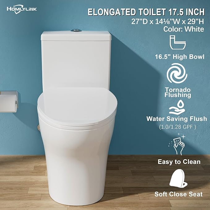 17 Inch Elongated Modern Tall Toilet for Bathroom, Tornado Flush One Piece ADA High Toilet, Dual Botton 1.0/1.28 GPF, Chair Height, Comfort Bowl Heigh 16.5", Seat Height 17.5", White
