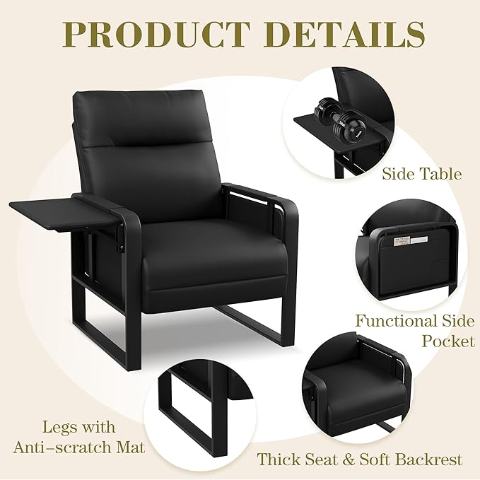 Modern Black Accent Chair PU Leather Upholstered Armchair with Tray Table for Bedroom Living Room Chairs Office Chair