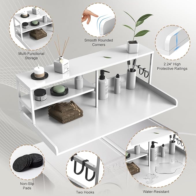 Washer and Dryer Countertop with Shelf, 2-Tier 54" x 27.5" Wood Laundry Countertop, Washer Dryer Topper with High Edge Rails and Hooks, Non-Slip Pads, Waterproof & Heat Resistant Top (White)