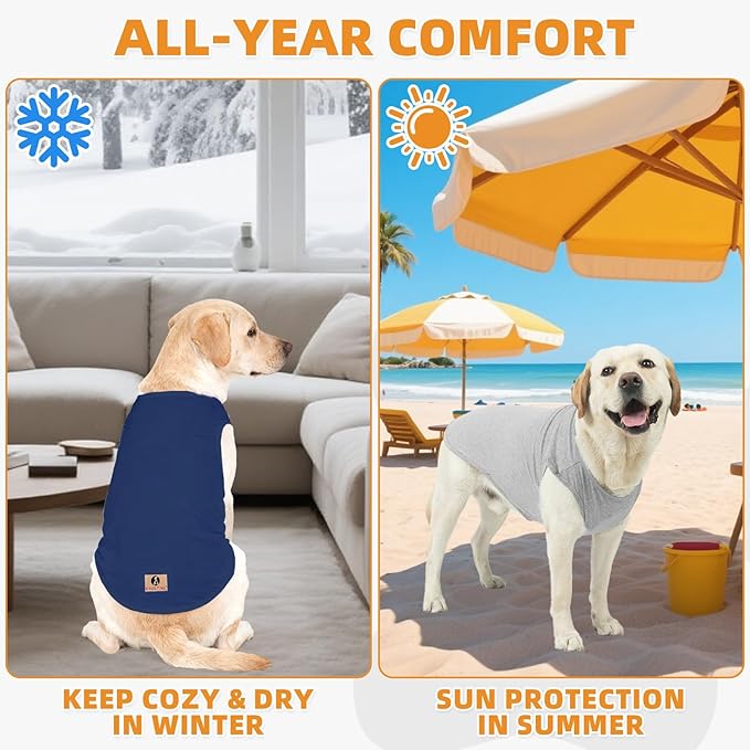 KOOLTAIL Boy Dog Clothes for Large Dogs, 2 Pack Cotton Fall/Winter Warm Dog T Shirts Coats for Outdoor, UV & Insect Protection Anti-Hair Loss & Lightweight Pet Vest Tank Tops Apparel,Blue&Grey,2XL