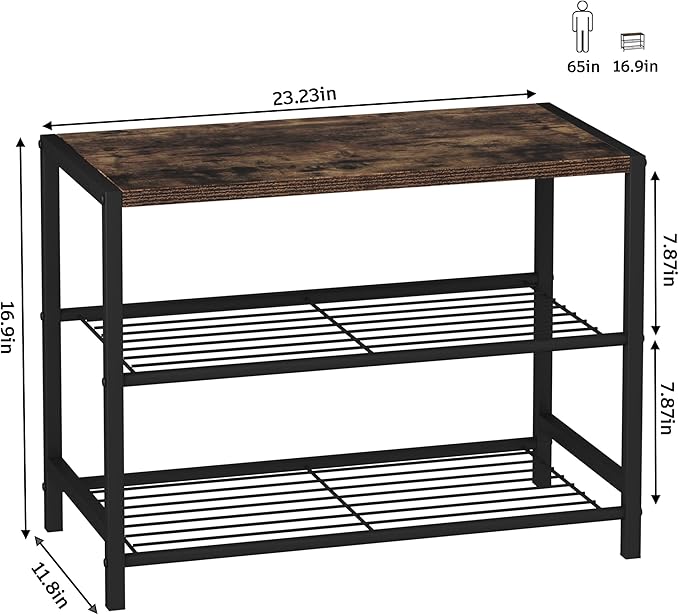 HOMEFORT 3-Tier Shoe Rack, Shoe Storage Shelf, Industrial Shoe Tower, Narrow Shoe Organizer for Closet Entryway, Small Shoe Rack Table with Durable Metal Shelves, Rustic Brown