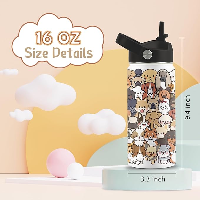 Dog Lover Gifts, 16 oz Water Bottle with Straw Lid, Stainless Steel Insulated Dog Water Bottle, Cute Puppy Tumbler for Travel Outdoor (1pcs)