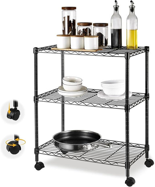 3-Tier Storage Shelves Steel Plant Stand Household Sturdy, Mesh Metal Storage Rack Unit with 360°Removable Wheels for Kitchen/Living Room/Bathroom/Laundry Room/Pantry/Garage/(Max Load Capacity 200 lb)