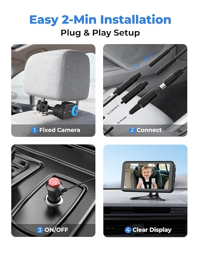 BM2A Baby Car Camera – 3X Zoom to See Baby Clearly, 5.2" 1080P Display & Auto IR Night Vision, Rear-Facing View Monitor, Easy Install for Parents & Pet Owners