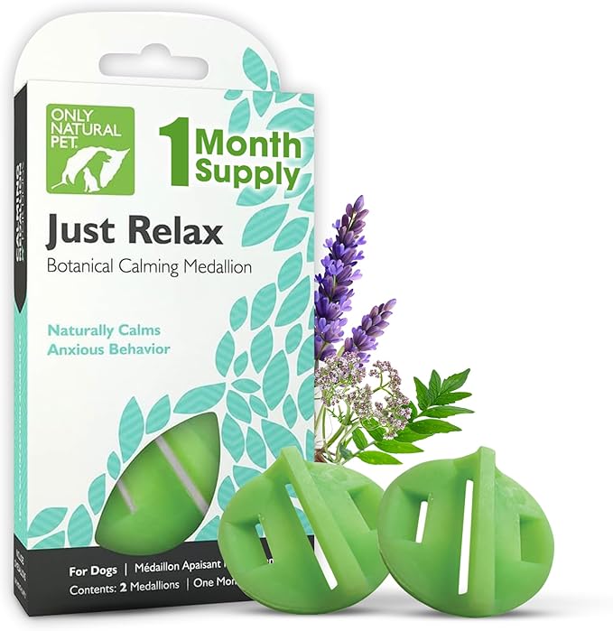 Only Natural Pet Just Relax Botanical Calming Collar Medallion for Dogs – Essential Oil Blend with Lavender & Chamomile – Comfort for Indoor Use or Travel – 2 Medallions, 1 Month Supply