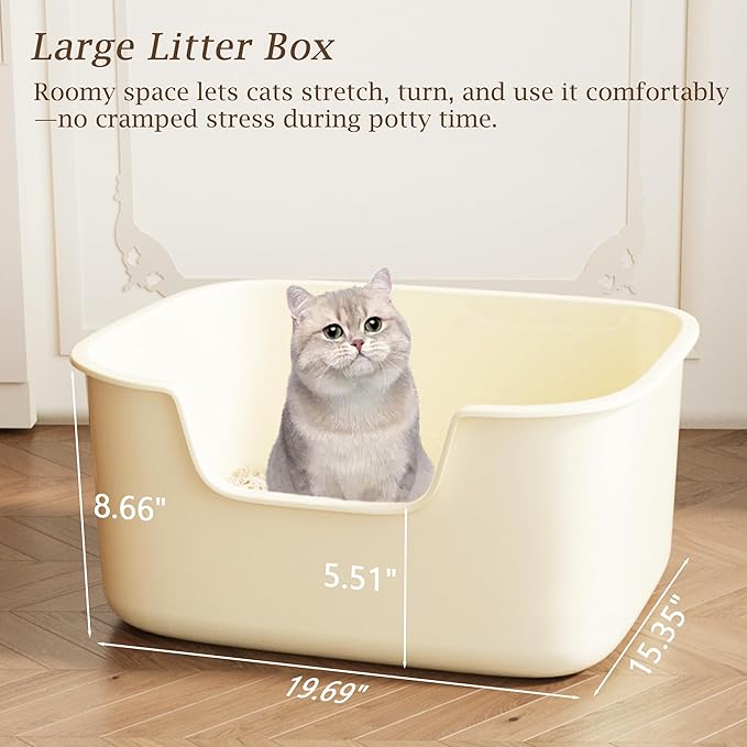 Large Cat Litter Box with High Sides, Side Entry Open Top Deep Tall Litter Pan, Kitty Litter Box for Indoor Small and Medium Cats, Creamy White (Anti-Splashing) 19.7" L x 15.4" W x 8.6" H