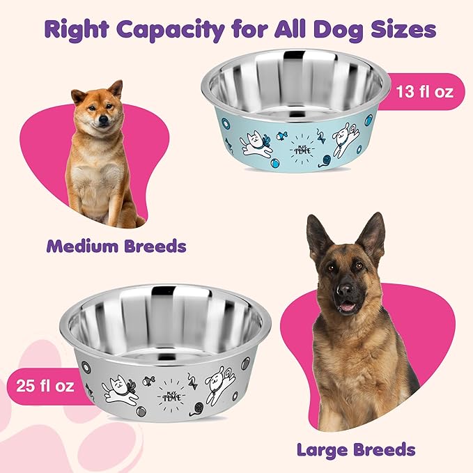 Stainless Steel Dog Bowls | Cat Bowls (Set of 2) - Anti Skid Dog Water Bowl | Cat Water Bowl - Dishwasher Safe - 13oz / 400ml – 12.3cm (Pale Turquoise Playtime Print)