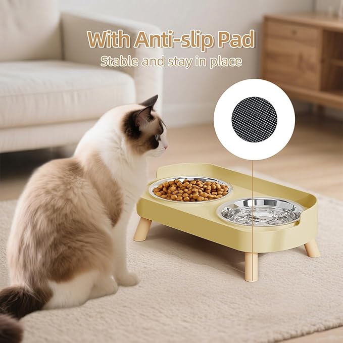 Elevated Cat Bowl, Raised Cat Food and Water Bowl Set for Indoor Cats, Splash Proof with 2 Stainless Steel Pet Food Bowls for Cats and Puppies, Whisker Fatigue and Dishwasher Safe - Yellow