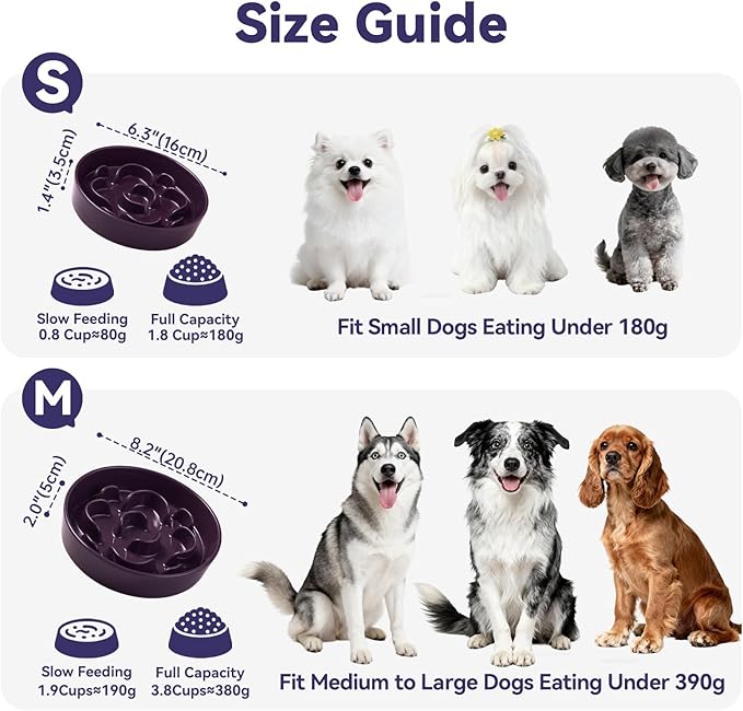 Ceramic Slow Feeder Dog Bowl - Maze Dog Bowl to Slow Down Eating - Feeding Dish for Fast Eaters - Ideal Food Control Dish for Medium to Large Breeds - 8.2 Inch - 1.8 Cups (180g) - Purple