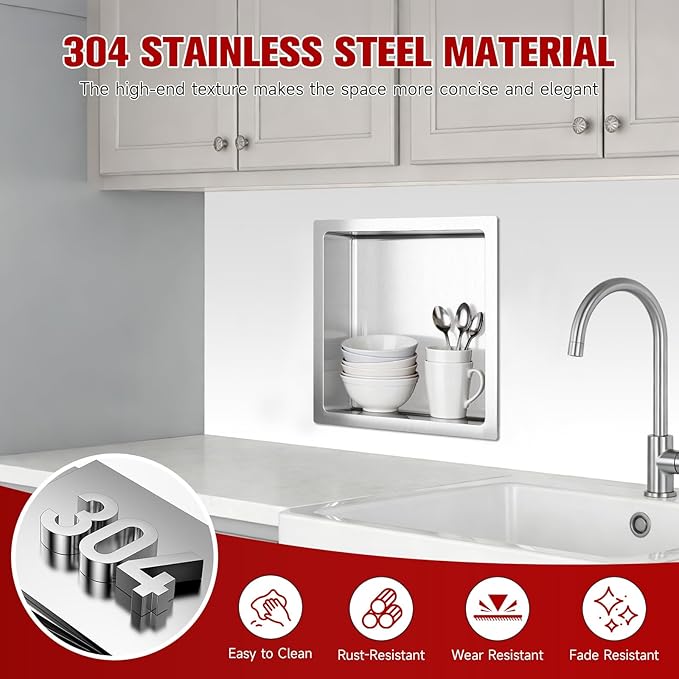 No Tile Needed Shower Niche 13"X 13", Bathroom Wall Niche Single Shelf, Stainless Steel Shower Niche for Bathroom, Kitchens, Balconies