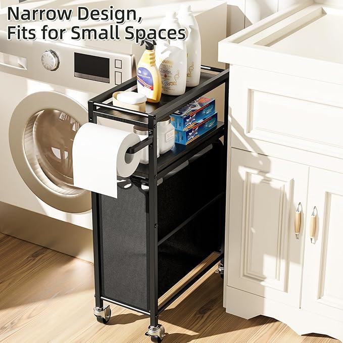 Toilet Paper Holder with Storage Bag & Wheels - Freestanding Bathroom Organizer Holds 9 Rolls for Small Spaces, Essentials Storage Beside Toilet-Black