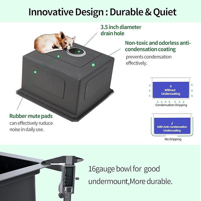 Undermount Kitchen Sink, 18 x 18 x 10 Inch Sink Kitchen 16 Gauge Gunmetal Black Stainless Steel Kitchen Sinks Single Bowl Workstation Sink with Cutting Board