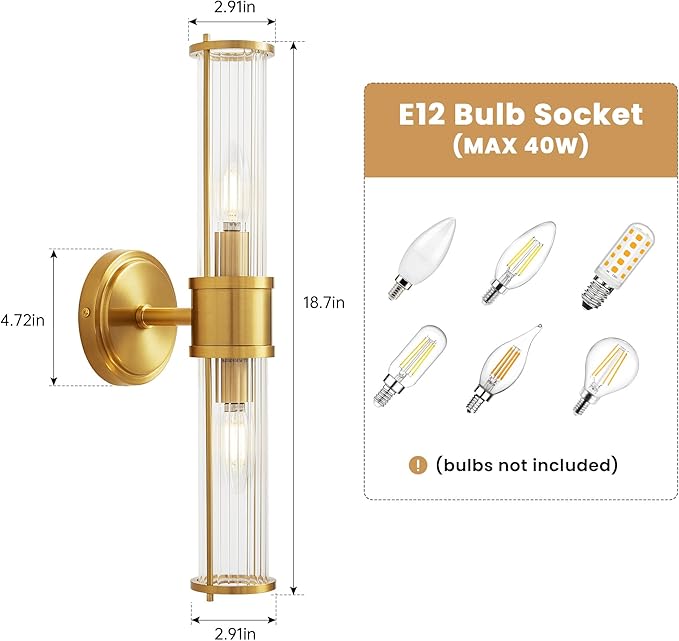 Gold Wall Sconces Set of Two - Modern Bathroom Sconce Indoor Industrial Wall Sconce Vanity Light Wall Light Up and Down Wall Mount Lamp for Bathroom Bedroom (Without Bulb)