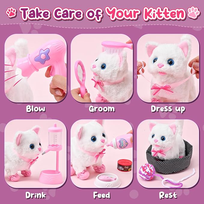 Golray Cat Toys for Kids Girls Gift, Electronic Interactive Plush Toy Cat Can Walk and Meow - 16 Pcs Carrier & Pet Groom Feed Care Pretend Play Set, Birthday Gift for Toddler Little Girl 3 4 5 6 7 8 9