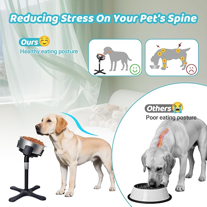 Elevated Dog Bowl (Not Bowl Included), Adjustable Stand Heights & Width, Non-Slip Foot Mats, Tilting Raised Dog Bowls with Metal Knob for Small, Medium & Large Dogs Breed (2 Pack), Black