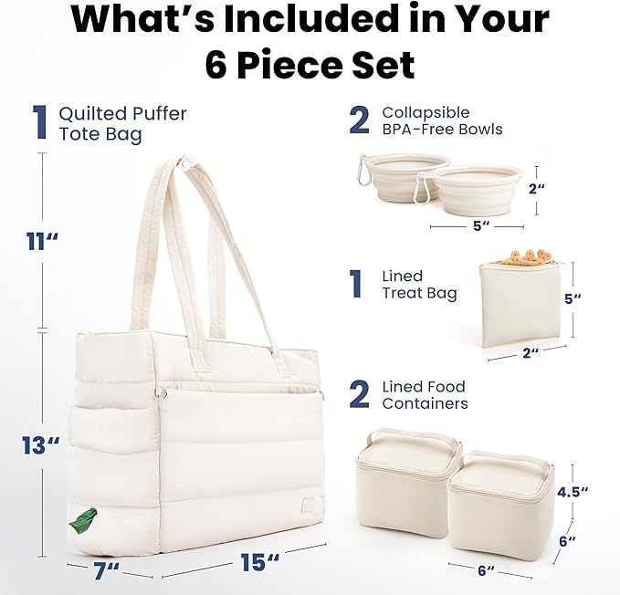 Puffer Dog Travel Bag for Dog Moms – Doggy Diaper Bag with Pet Bowls & Food Storage or Everyday Puffy Tote – Christmas Doggy Mom Gifts for Women – Lightweight, Travel-Ready Gift for Pet Lovers – Beige