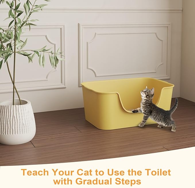 Low Entry Cat Litter Box with High Sides - Open-Top Anti-Splash, Durable Easy-Clean Pan for Kittens, Munchkin Cats, Senior Medium-Sized Cats & Small Pets (Rabbits), 19.3”x13.3”x7.8” Yellow
