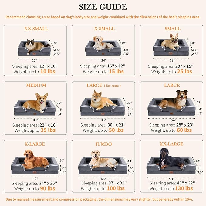 Comfort Expression Orthopedic Dog Bed for Large Dogs 36x27 Inch, Waterproof Supportive Egg Crate Foam Large Pet Bed with Removable Bolsters, Dog Couch with Washable Cover & Non-Slip Bottom, Dark Grey