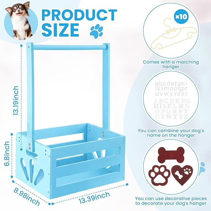 20" x 13" x 9" Wooden Dog Closet Pet Wardrobe Crate Box with Hanging Rods and Personalized Alphabet Letters Easy Assembly Baskets for Dog Cat Toys Clothes Accessories (Blue)